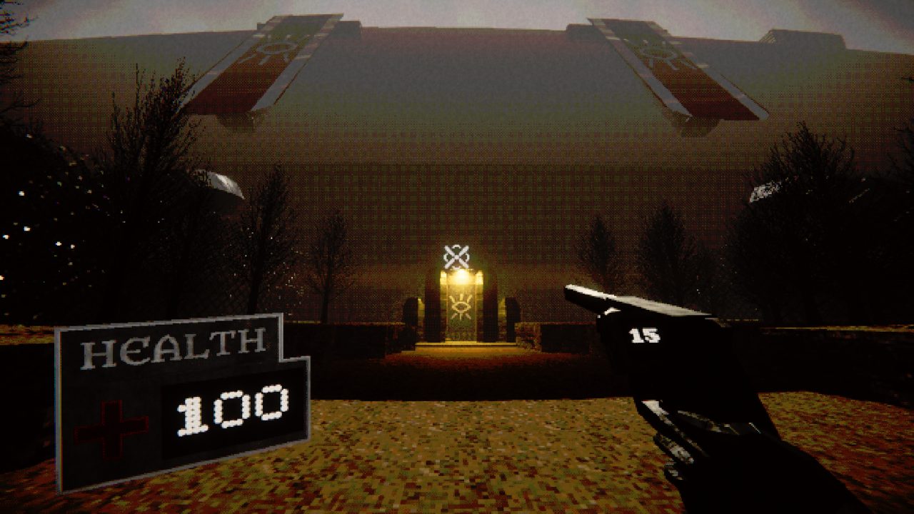 First-person view of Silver & Gunpowder: a pistol, a health bar and a glowing door in a foggy fortress courtyard